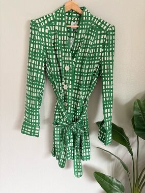 CAbi Green and White Windowpane Wrap Pea Coat